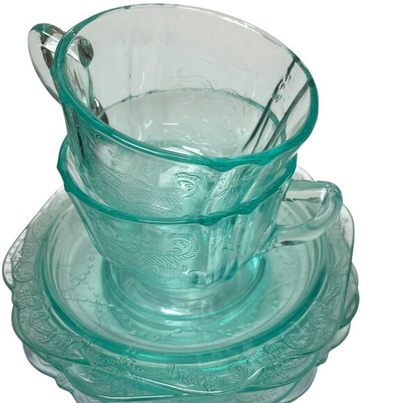 Vintage teal glass teacup set - teal glass set of four teacups and saucers - Picture 5 of 7